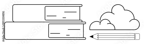 Education, learning, knowledge sharing, digital storage, creativity, design inspiration. Two books stacked with a pencil and cloud graphic. Education and learning