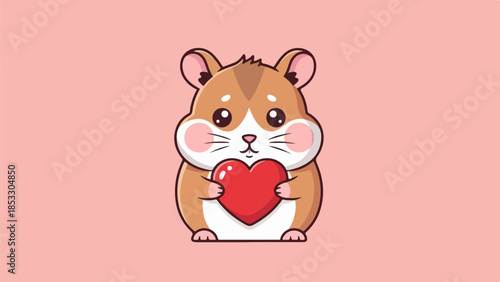 Cheerful cartoon hamster holding a red heart on a light pink background