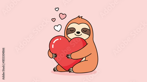 Light brown sloth with cream face holding a red heart and surrounded by pink hearts on a soft pink background