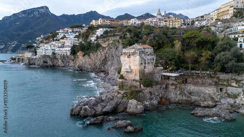 Drone aerial view of Torre Crestarella in Vietri sul Mare on the Amalfi Coast in Italy