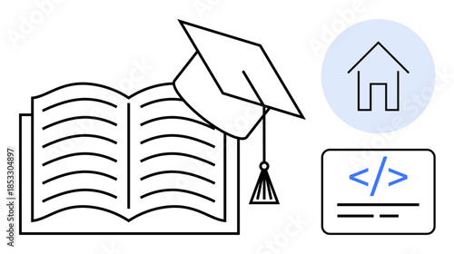 Online learning, technology in education, coding skills, home study, academic success, remote education. Graduation cap and book with coding and house icons. Online learning, technology in education