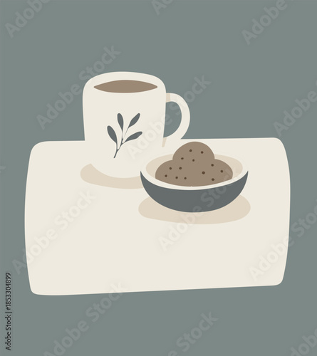 A white mug with a leaf design sits on a table next to a bowl of cookies. Concept of comfort and relaxation, as the mug and cookies are often associated with leisurely moments