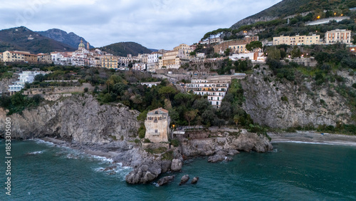 Drone aerial view of Torre Crestarella in Vietri sul Mare on the Amalfi Coast in Italy