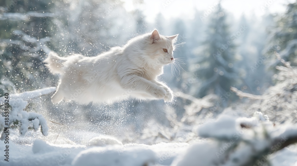 Obraz premium White cat jumps through snow in a winter forest during a bright day