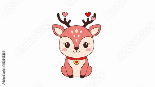 Playful cartoon illustration of a pink and white doe with heart-adorned antlers and a red collar