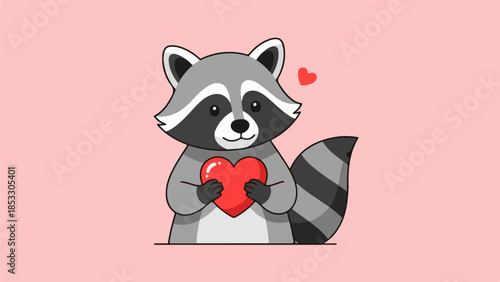 Cartoon raccoon holding a red heart against a pink background