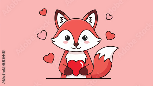 Cartoon red fox holding a red heart surrounded by floating hearts