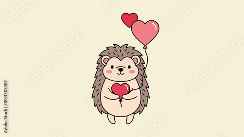 Whimsical hedgehog holding a red heart with floating hearts above its head