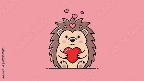 Whimsical hedgehog holding a red heart with floating hearts above its head