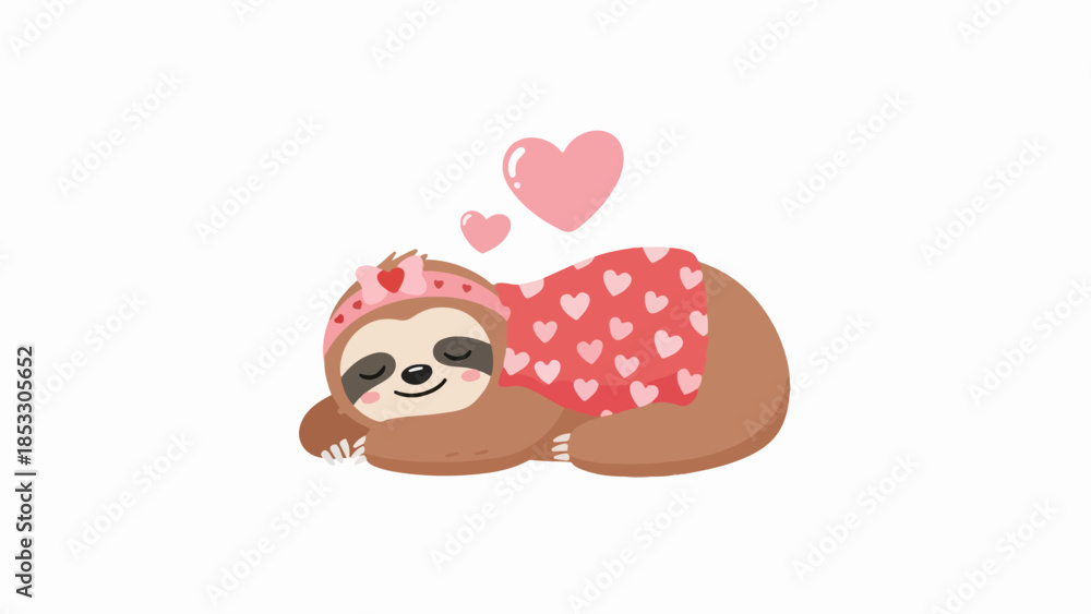Fototapeta premium Female sloth lying on its back with pink headband and heart-patterned red garment