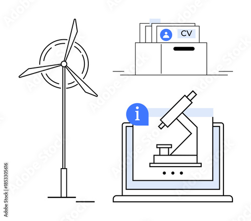 Renewable energy concept. Renewable energy ed by a wind turbine, linked to career opportunity with a CV icon, and scientific research through a microscope. For sustainability, job search, education