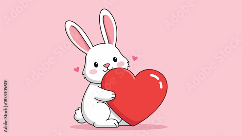 Whimsical illustration of a white rabbit holding a red heart on a light pink background