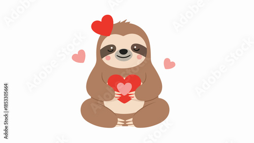 Seated sloth with three hearts illustration