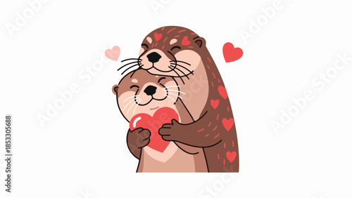 Two otters embracing a red heart symbolizing love and connection