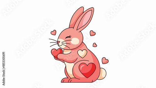Pink cartoon rabbit holding a red heart with floating hearts around it