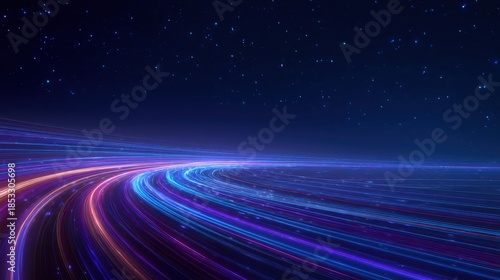 Bright lines of color stretch across a dark sky creating a sense of motion and speed. The trails mix together showing dynamic flowing patterns and energy in the backdrop of stars.