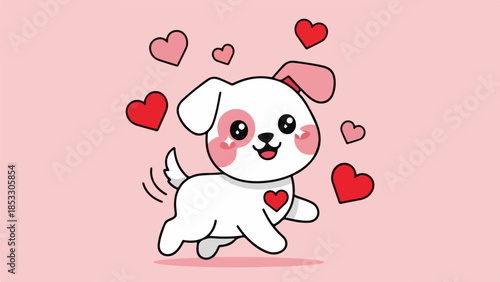 Cheerful cartoon dog with pink accents and red hearts on a pink background