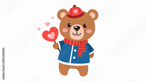 Playful teddy bear illustration with red heart and pink hearts floating in the air