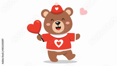 Teddy bear illustration with red shirt and hat holding a heart on light beige background