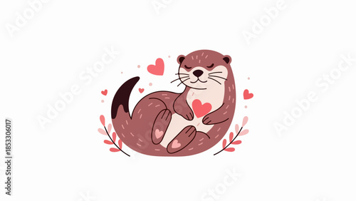 Contented otter curled in relaxed pose with scattered hearts in background