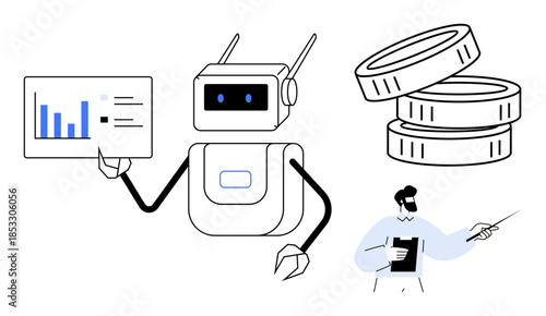 Financial analytics, AI technology, automation, monetary transactions, business strategy, data visualization. Robot presenting stats, coins and a professional holding a report. Financial analytics