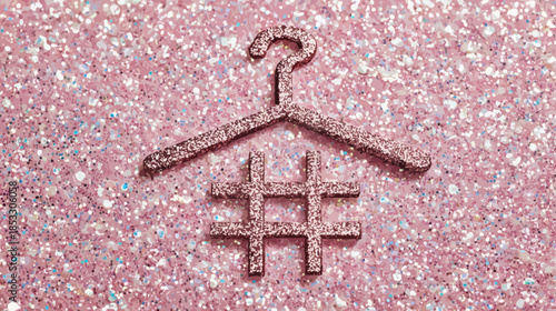 Pink Glitter Fashion Hashtag Concept with Clothes Hanger on Sparkly Background - Trendy Social Media Style