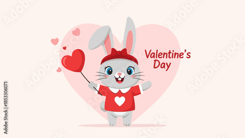 Cheerful cartoon rabbit in red outfit with heart balloon on Valentine's Day background