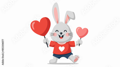 Cheerful cartoon rabbit illustration with heart-shaped balloons on light gray background