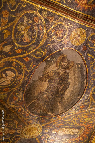 Wallpaper Mural Jerusalem, Israel, December 22, 2025, Church of the Holy Sepulchre, Ancient byzantine mosaic depicting jesus christ and religious ornaments on a golden vaulted ceiling. Torontodigital.ca