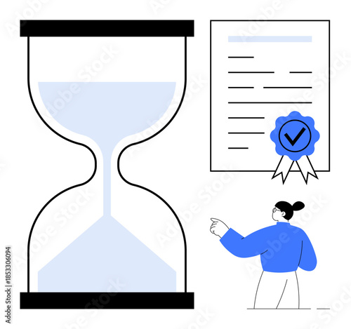 Time management, certification process, task prioritization, education goals, professional development, achievement. Hourglass, verified document person pointing. Time management and certification
