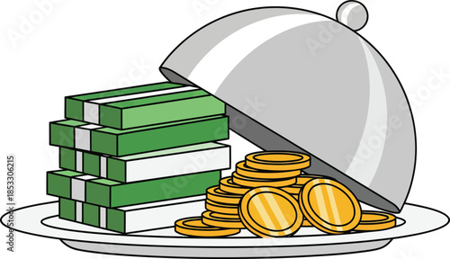 Stacks of green cash and gold coins served on a silver platter under a partially lifted cloche.