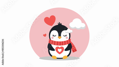Whimsical illustration of a penguin with a red heart scarf and floating hearts on a pink background