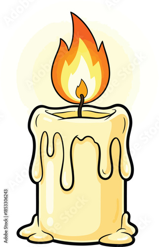 Stylized cartoon of a lit melting wax candle with a vibrant orange flame and dripping wax.