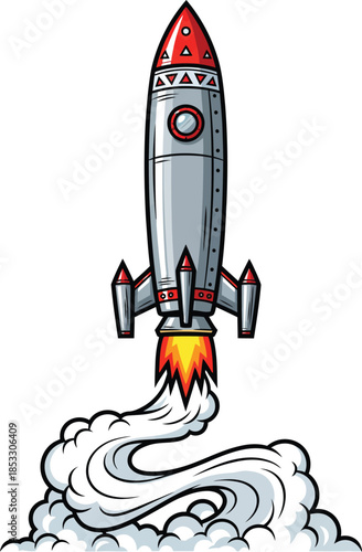 Vintage cartoon rocket ship with a red nose cone launching upwards leaving a trail of fire and smoke.