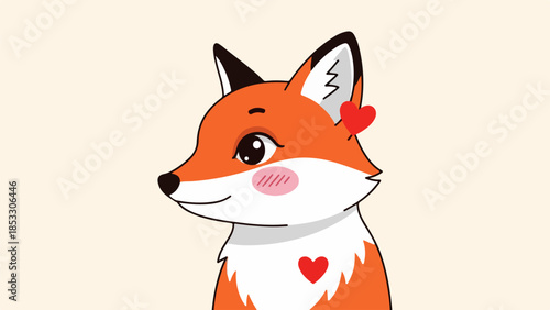 Stylized fox with vibrant orange fur and red heart details