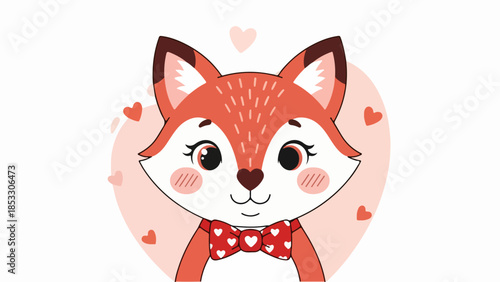 Playful illustration of a charming fox with a heart bowtie on a pink background with scattered hearts