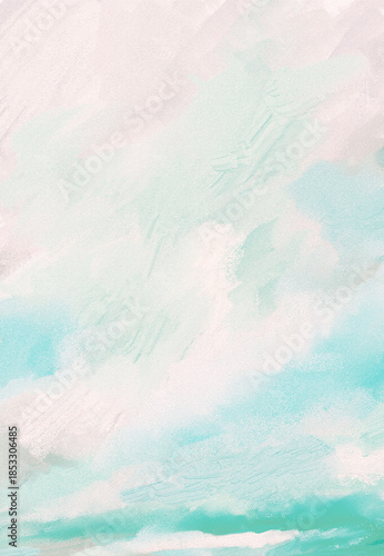 Impressionistic Cloudscape Seascape In Soft Pastels w/large clouds in aqua Sky Over Land & Sea -Digital Painting, Illustration, Art, in Pastel Aqua & Teal w/Paint & Canvas Texture 
