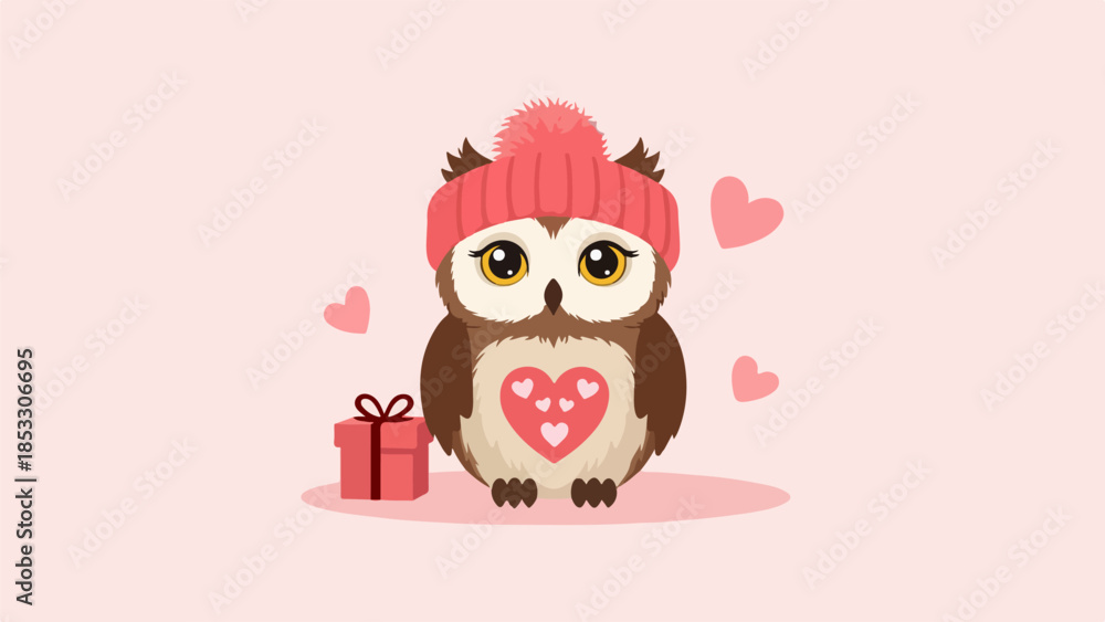Obraz premium Playful stylized owl with pink knitted hat and heart design, gift box, and pastel pink background
