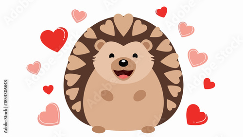 Cheerful hedgehog with heart-shaped spines and scattered hearts illustration