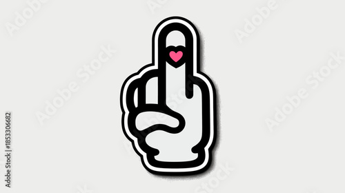 Stylized pointing finger hand gesture with pink heart icon, indicating selection, approval, or love, vector graphic sticker illustration