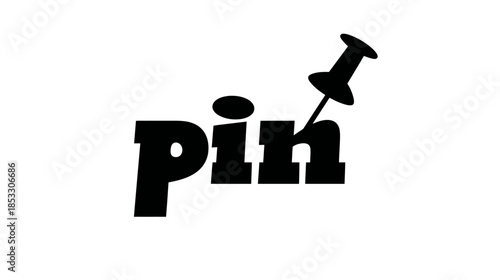 Modern 'pin' text icon featuring a black pushpin as the dot for the letter i, isolated on white background. Minimalist graphic design.