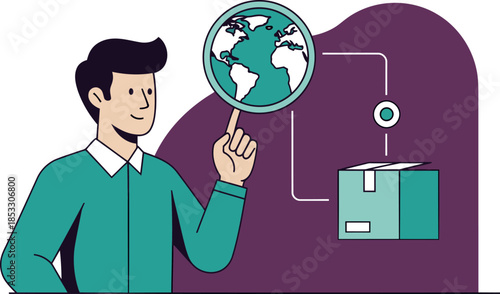 A man examines a globe with a shipping box, symbolizing intelligent logistics. Modern illustration, vibrant colors, business concept.