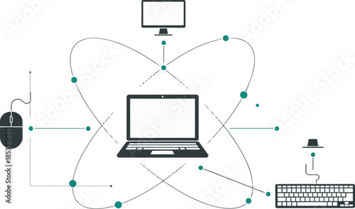 Modern network illustration featuring a laptop at the center, connected to monitors, keyboard, and mouse. Clean, minimalist design with subtle lines and a professional aesthetic.