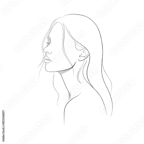 minimalist female profile line art drawing of woman with long flowing hair