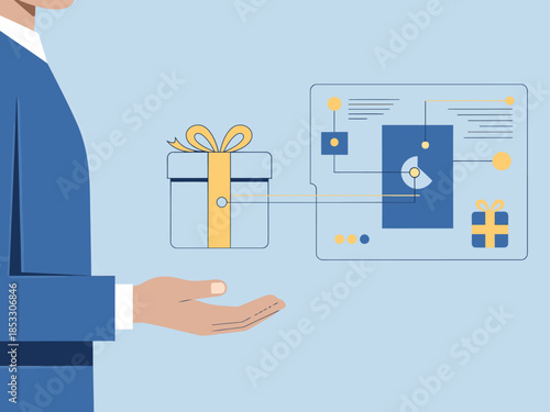 A professional man holds a gift box connected to a digital display showcasing a gift card. Modern, minimalist illustration. Suitable for business and gifting concepts.
