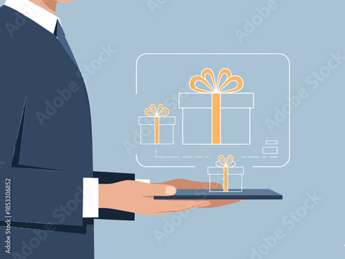 A professional man holds a tablet displaying gift boxes. Modern, minimalist design. Ideal for business and gifting concepts.