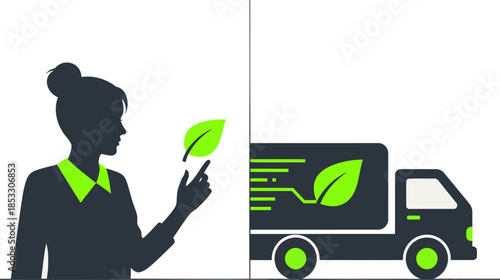 A professional woman uses a tablet to manage a green delivery truck. Modern, clean design with a focus on sustainability and logistics.  Bright, contrasting colors.