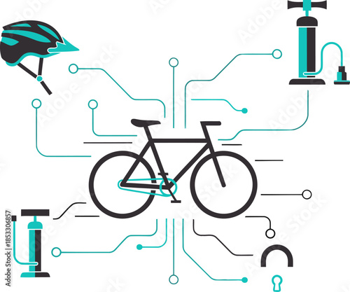 A stylish graphic illustration featuring a bicycle, helmet, and security lock integrated with circuit board elements. ?Ride Fully Equipped? tagline. Modern, teal design.