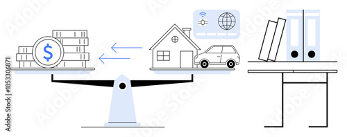 Financial planning, budgeting, investment strategies, wealth management, resource allocation, economic balance. A scale comparing money and assets, alongside a desk with documents. Financial planning