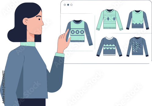 A woman selects sweaters on a tablet, showcasing a personalized fit recommendation. Clean, modern design with soft colors and a focus on online shopping. Professional and appealing.